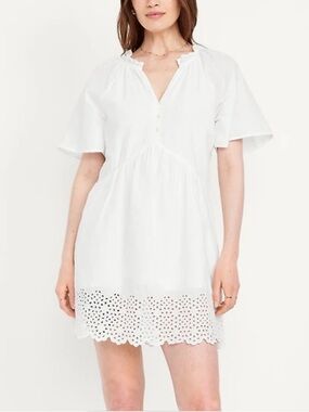 Old Navy Cotton Split-Neck Mini Swing Dress or Swim Coverup White Size L